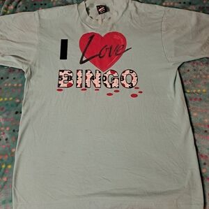 Vintage Fruit of the Loom Single Stitch "I love Bingo" light teal shirt. Size L